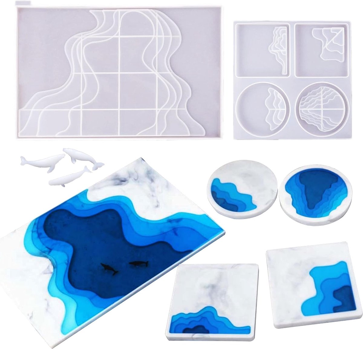 JHUBERS- Siliconen Mal Set - Grote Lade Mal 37,5x24,6cm - Geometrische Onderzetter Mal 19,2x19,2cm - Walvis Hars Mallen - DIY Crafts - Geschenken voor