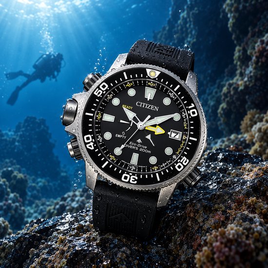 Zwart Citizen Eco-Drive duikhorloge met zilverkleurige kast op rots onder water. Duiker in achtergrond.