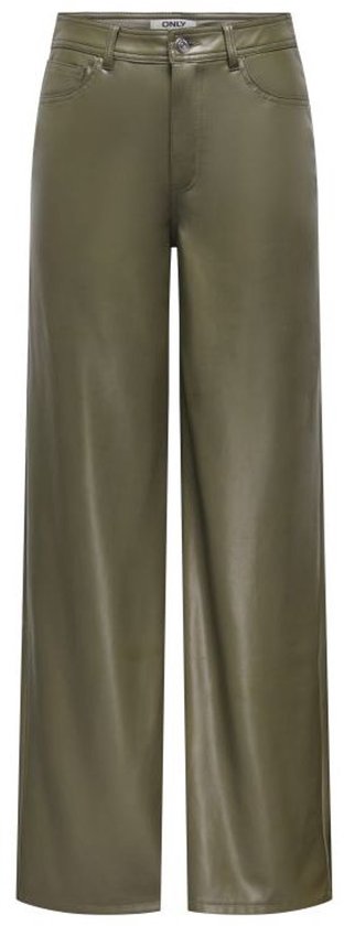 Olijfgroene faux leren broek met wijde pijpen en een hoge taille.