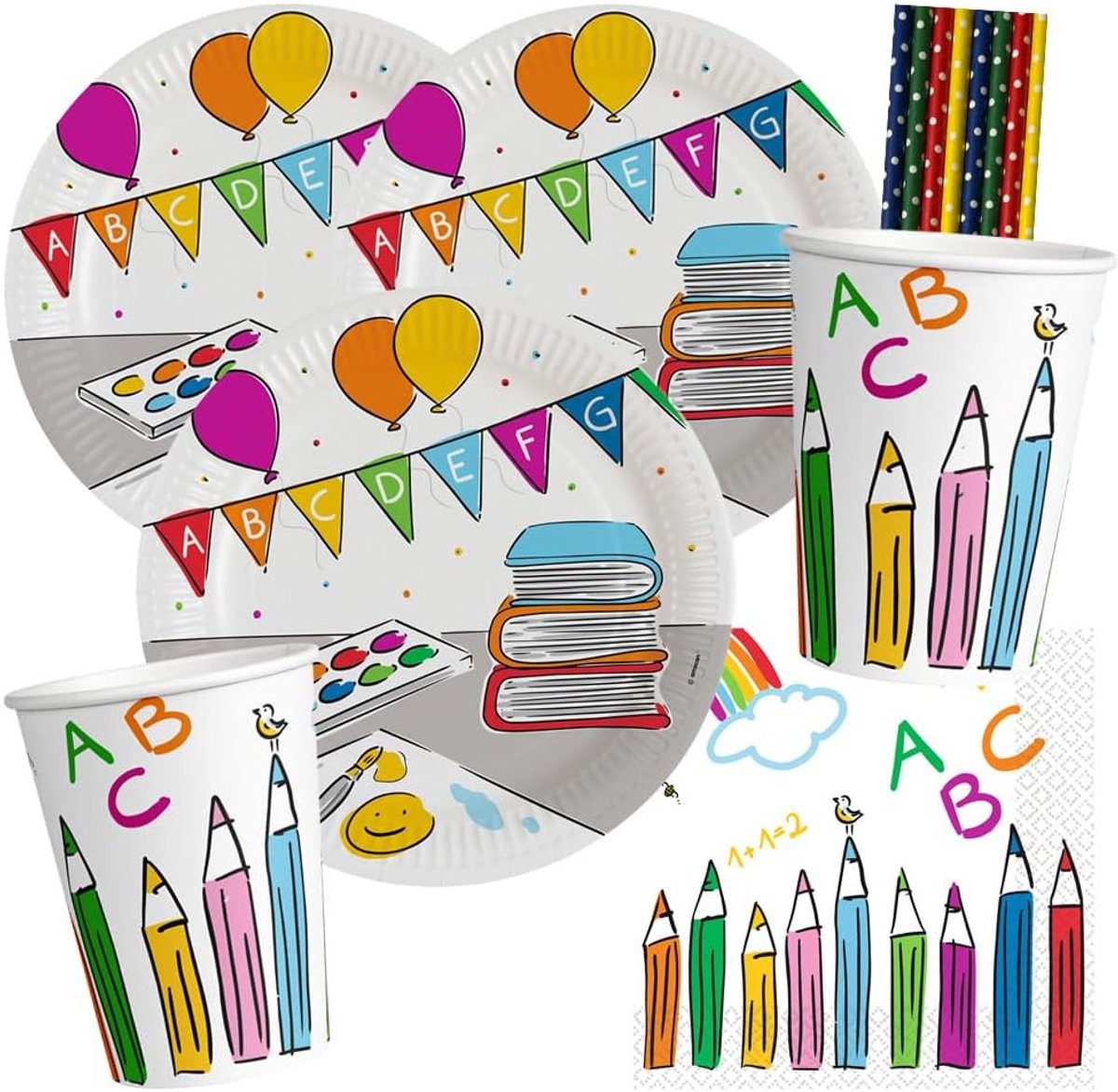 spielum 44-delige partyset schoolstart - borden, beker, servetten, rietjes voor 8 personen