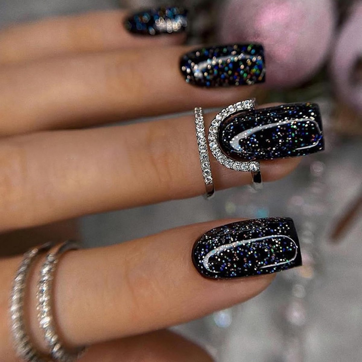 24 stuks kunstnagels, kort, vierkant, Frans, plaknagels, glanzend, zwart, glanzend, acryl, ballerina, acryl, druk op nagels, voor vrouwen en meisjes, manicuresalons