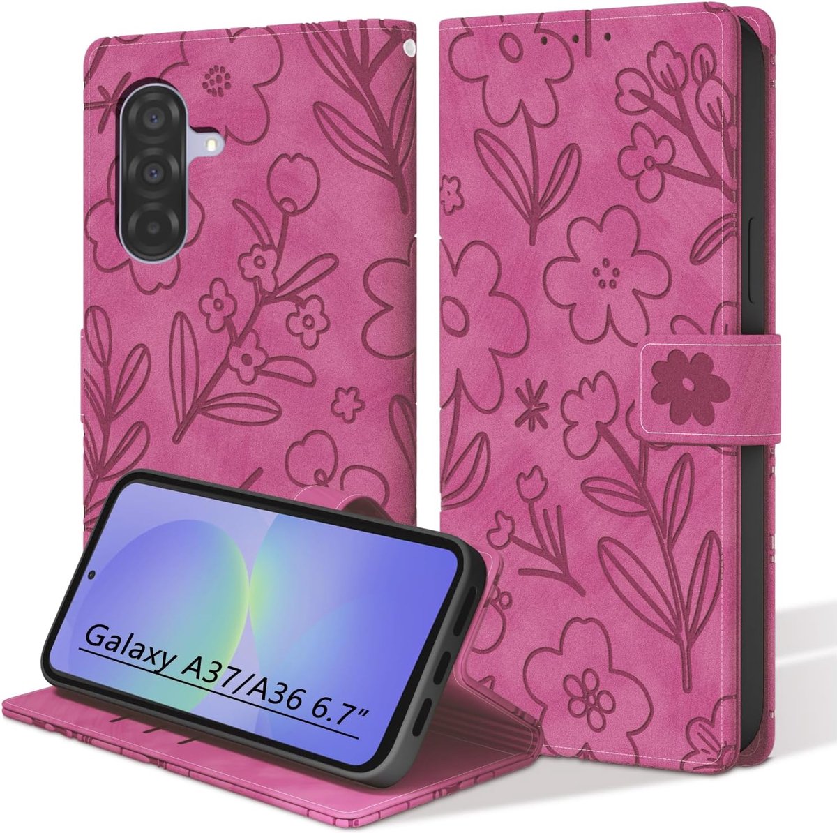 Flip Flowers Hoes voor Samsung Galaxy A37/A36 5G 6.7" SM-A376E/DS Telefoonhoes met Kaartvakken en Contantgeldzakken, Bloem Roze