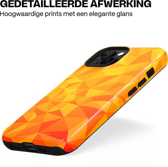 Oranje telefoonhoesje met geometrisch polygoon patroon en glanzende afwerking.