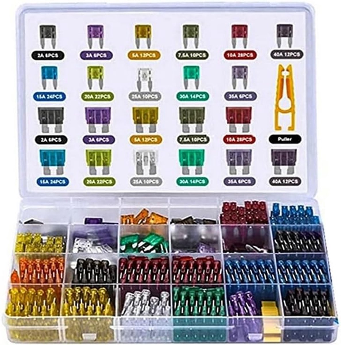 300 stuks autozekeringen, assortiment autozekeringen set voor auto's, personenauto's, middelgrote en kleine zekeringen, gemengde zekeringen voor motorfietsen, autozekeringen set met doos