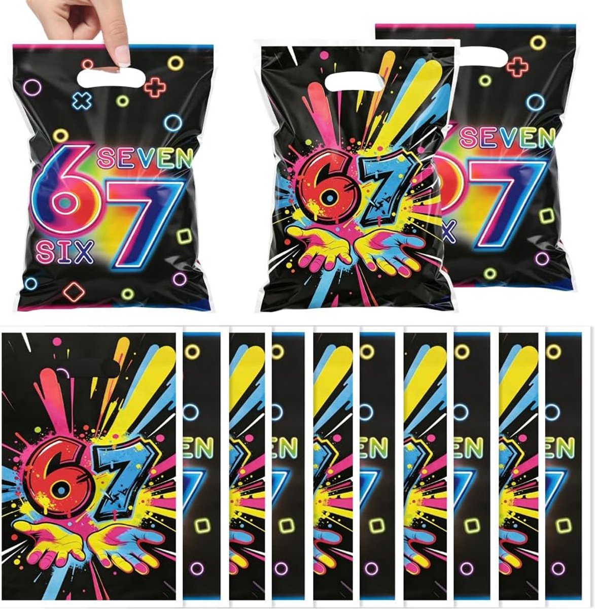 50 stuks snoepzakken met 67 thema's, 17 x 25 cm, plastic snoepzakken met platte handgreep met nummer 6 en 7 ontwerp, graffitihanden en splatterpatroon, feestzakjes voor kinderen en volwassenen