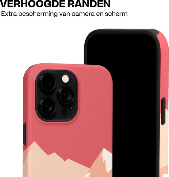 Roze telefoonhoesje met verhoogde randen voor camera en scherm, met bergen in zachte kleuren.