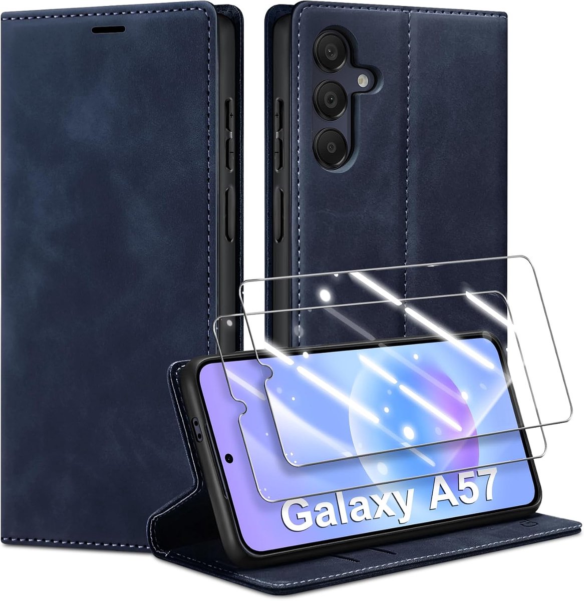 Hoes voor mobiele telefoon voor Samsung Galaxy A57 5G, en 2 beschermfolie, premium lederen inklapbare klaphoes, portemonnee, magneetsluiting, kaartenvak, standfunctie, blauw