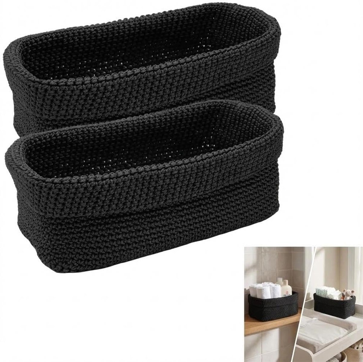 Opbergmand van katoenen touw, kleine gevlochten mand, rechthoekig, decoratieve badkamerorganizer voor gastendoekjes, cosmetica en plank, zwart