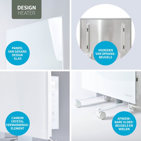 Varín design kachel met gehard glas, ophangbeugels, carbon kristallen verwarmingselement en afneembare vloerbeugels met wielen.