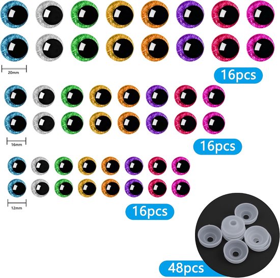 Ogen voor haakdieren, 12/16/20 mm knoopogen voor haakdieren met sluitringen, haakogen, veiligheidsogen voor gehaakte dieren, amigurumi, knutselwerk, doe-het-zelf en handwerk — afbeelding 2