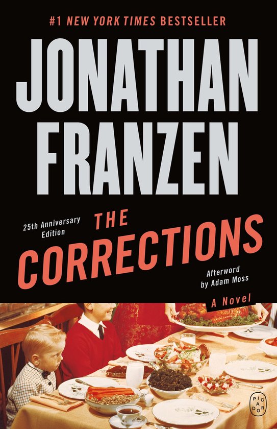 Boekomslag van 'The Corrections' van Jonathan Franzen, 25e jubileumeditie. Een jongetje met blonde haren zit aan een gedekte tafel, met een mok koffie en een bord eten voor zich. De titel "THE CORRECTIONS" staat in grote rode letters op de kaft.