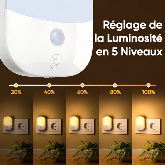 VHV - Stopcontact nachtlamp 2 stuks - 5 lichtsterktes, 3 werkstanden - Opvouwbaar - Warm geel licht - Met dag/nachtsensor - Geschikt voor baby's, kinderen en volwassenen - Dimbaar - Nachtlampje van VHV — afbeelding 2