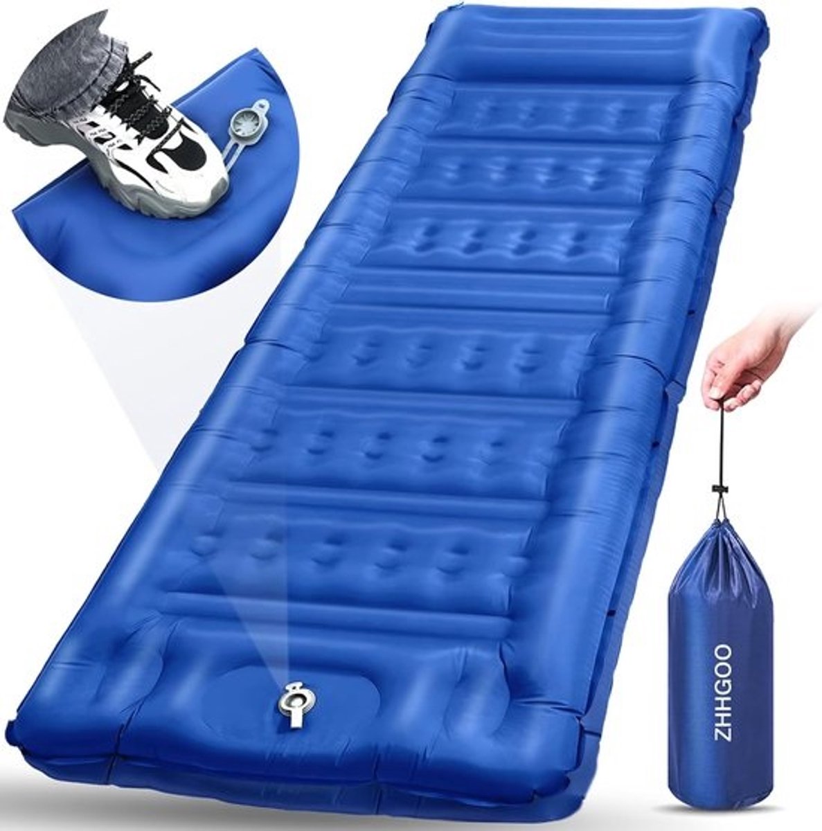 Ultralichte Zelfopblazende Slaapmat 1200g - Opvouwbaar met voetperspomp voor Kamperen en Wandelen - Autotochten - Tent - Blauw