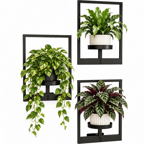 Wandplantenbakken - Muur Plantenstandaard - Hangende Plantenbak Set van 3 - Zwarte Metalen Plantenhouder en Plantenplanken - voor Kamerplanten, Woonkamer, Balkon en Buiten