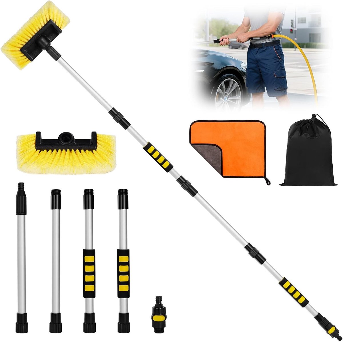 Verlengbare Auto Wasborstel met 65" Handvat, Inclusief Grote Zachte Borstelkop, Handdoek en Opbergtas voor Caravan, Ramen en Boot reinigen