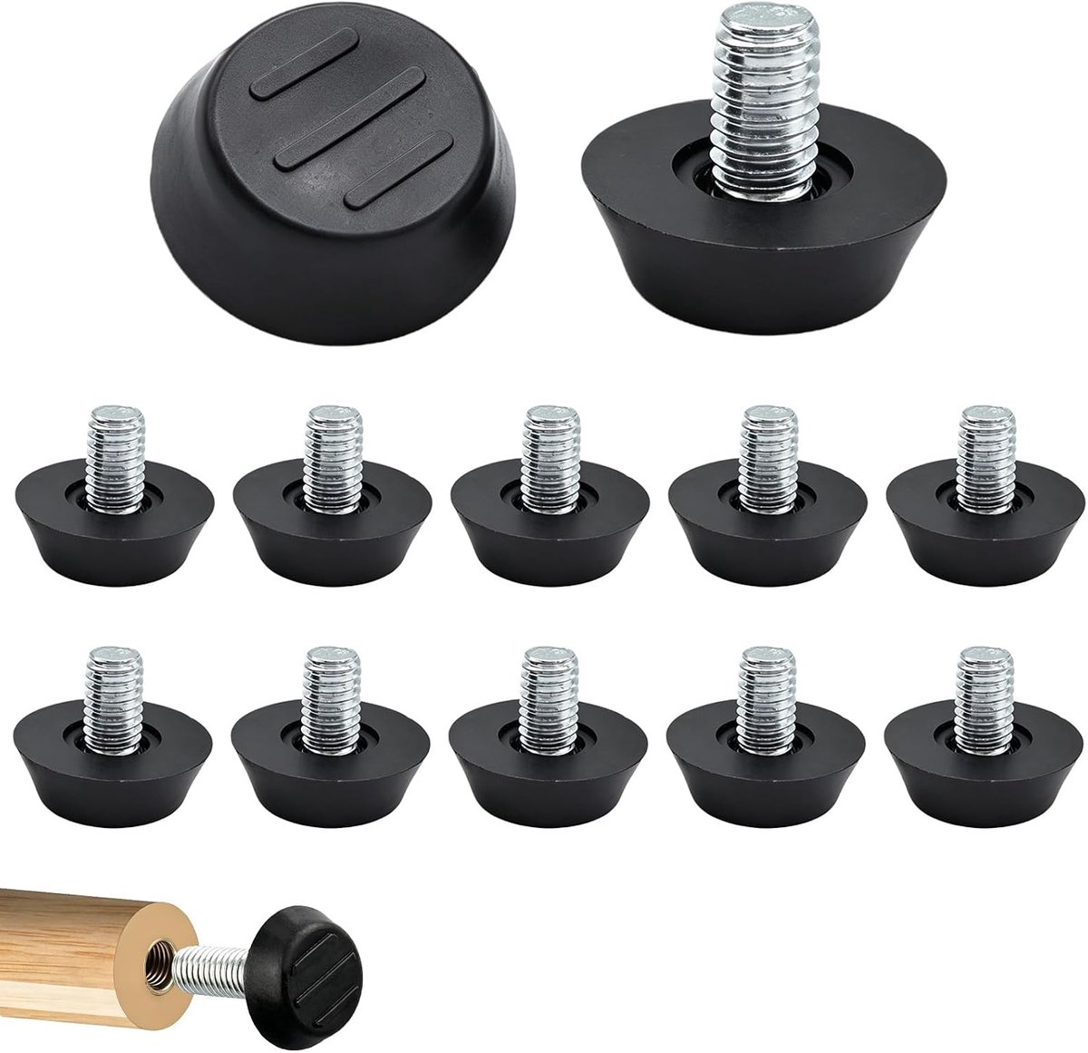 12 stuks meubelnivelleringsvoeten, M8 x 10 mm, tafelpoten om vast te schroeven, verstelbaar, antislip, stabilisatorglijders, zwart, voor tafels, stoelen, kasten, kantoren en meubels