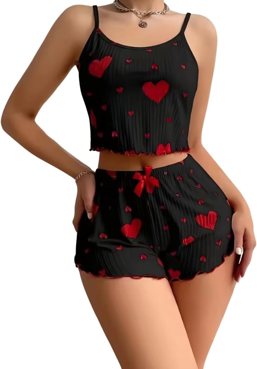 Pyjama voor dames, zomer, kort, hartprint, pyjamaset, tweedelig, tanktop + shorts, nachtkleding, mouwloos, sexy loungewear