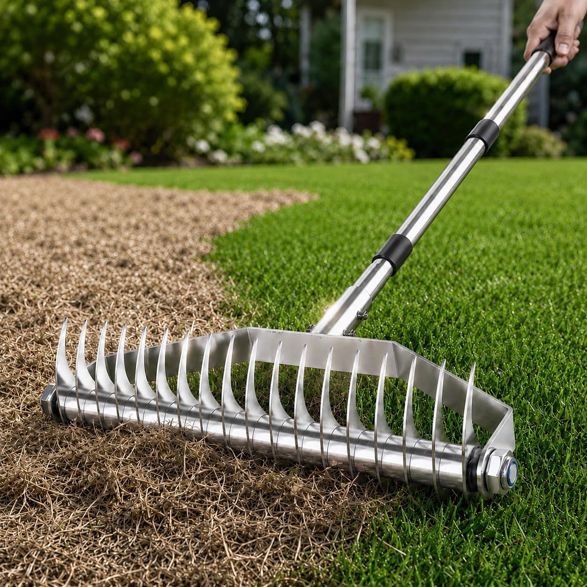 Rake, 15 inch Thatch Rake for Lawns, Heavy Duty Roestvrij Staal Dethatcher Rake met 20 Gebogen Tines & Verstelbaar Handvat voor Efficiënte Dead Grass Removal, Vloer Loosening en Lawn C