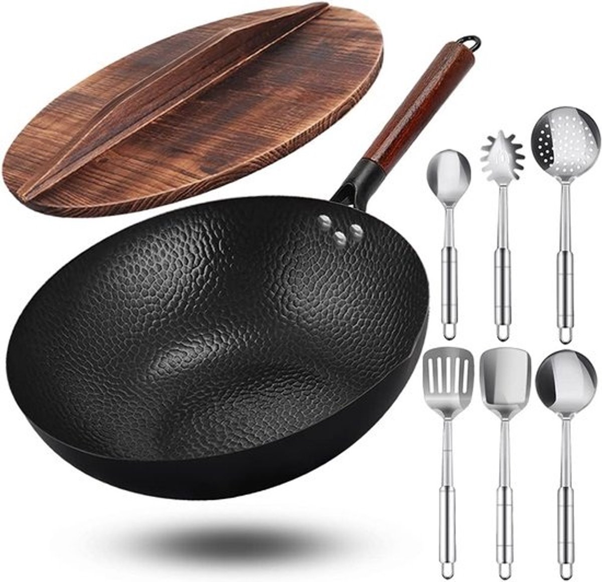 Wokpan - Roerbakpan - Thuis koken - Inclusief 6 accessoires - 30 cm diameter - Zwart