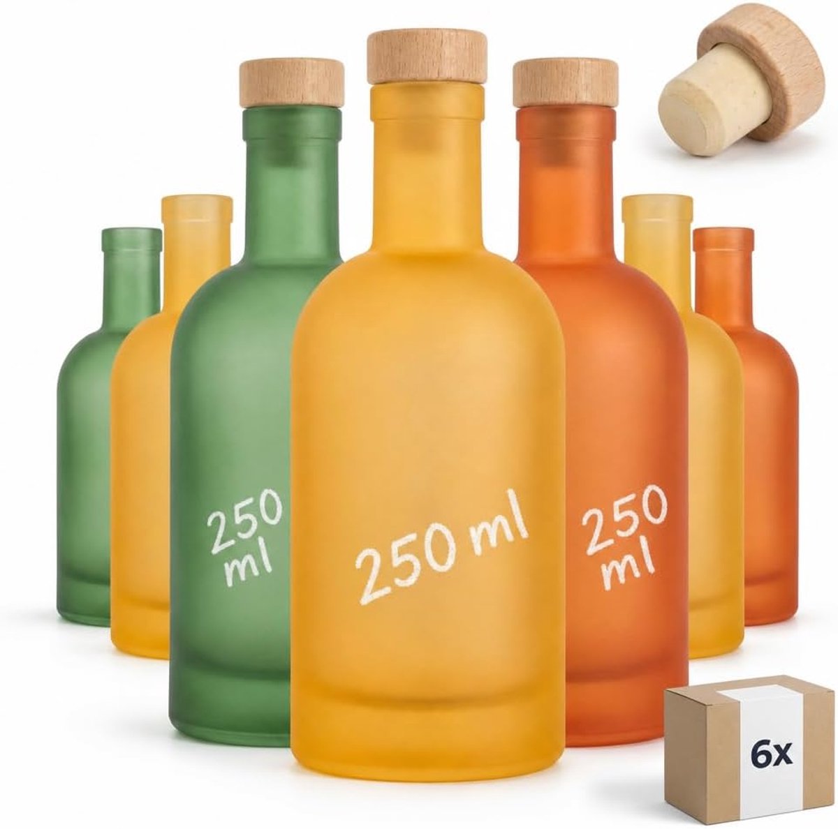 Flessen 250 ml Classic frosted mix (0,25 l) incl. kurken met houten greep – Lege flessen voor likeur, siroop, olie, azijn en decoratie