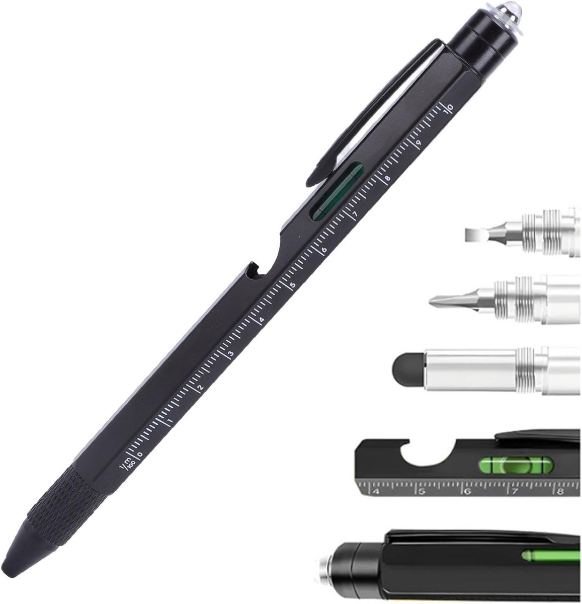 Multitoolpen met LED-lampje, Schroevendraaiers, Waterpas, Liniaal, Flesopener en Stylus voor Mannen, Papa (BLACK)