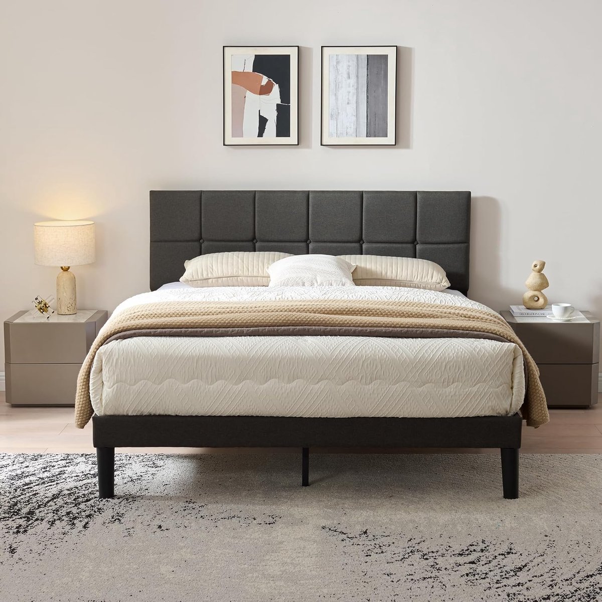 Bedbodem 140x200 cm met houten latten, frame en gestoffeerd hoofdeinde voor 2 personen, eenvoudige montage, hoogte: 32 cm - donkergrijs