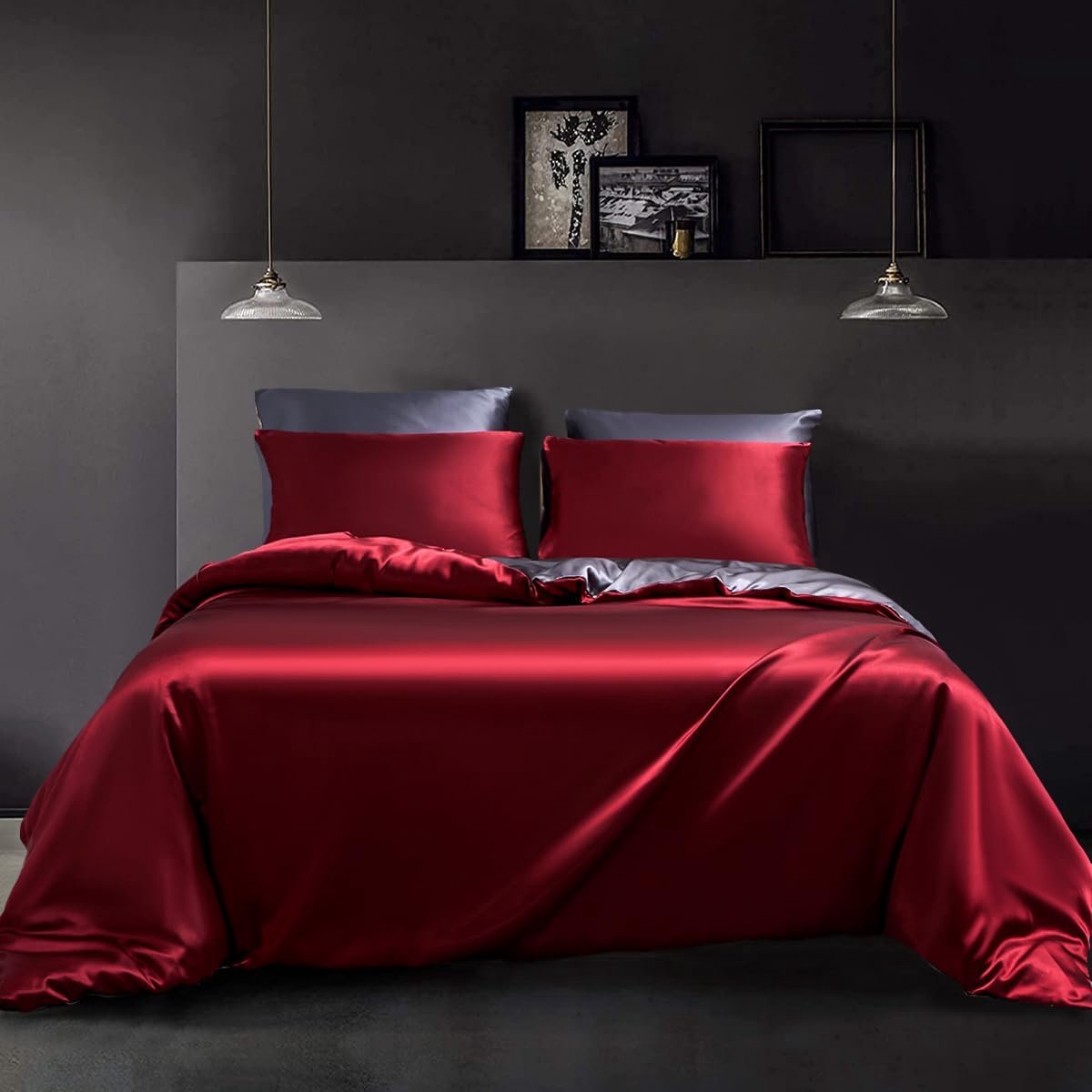 Beddengoed, 135 x 200 cm, rood, wijnrood, donkergrijs, omkeerbaar beddengoed, satijn, glad, glanzend, luxueus, zacht, zijdeachtig, dekbedovertrek, 2-delig, met ritssluiting en