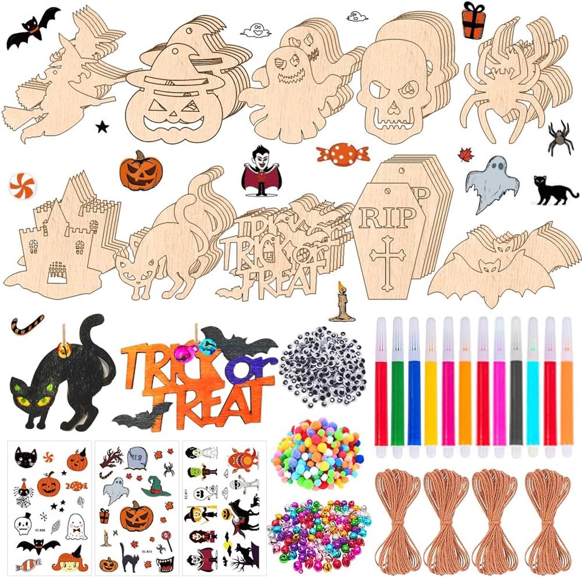 265 stuks Halloween-decoratie, knutselen, houten hangers om te beschilderen, Halloween knutselset voor kinderen