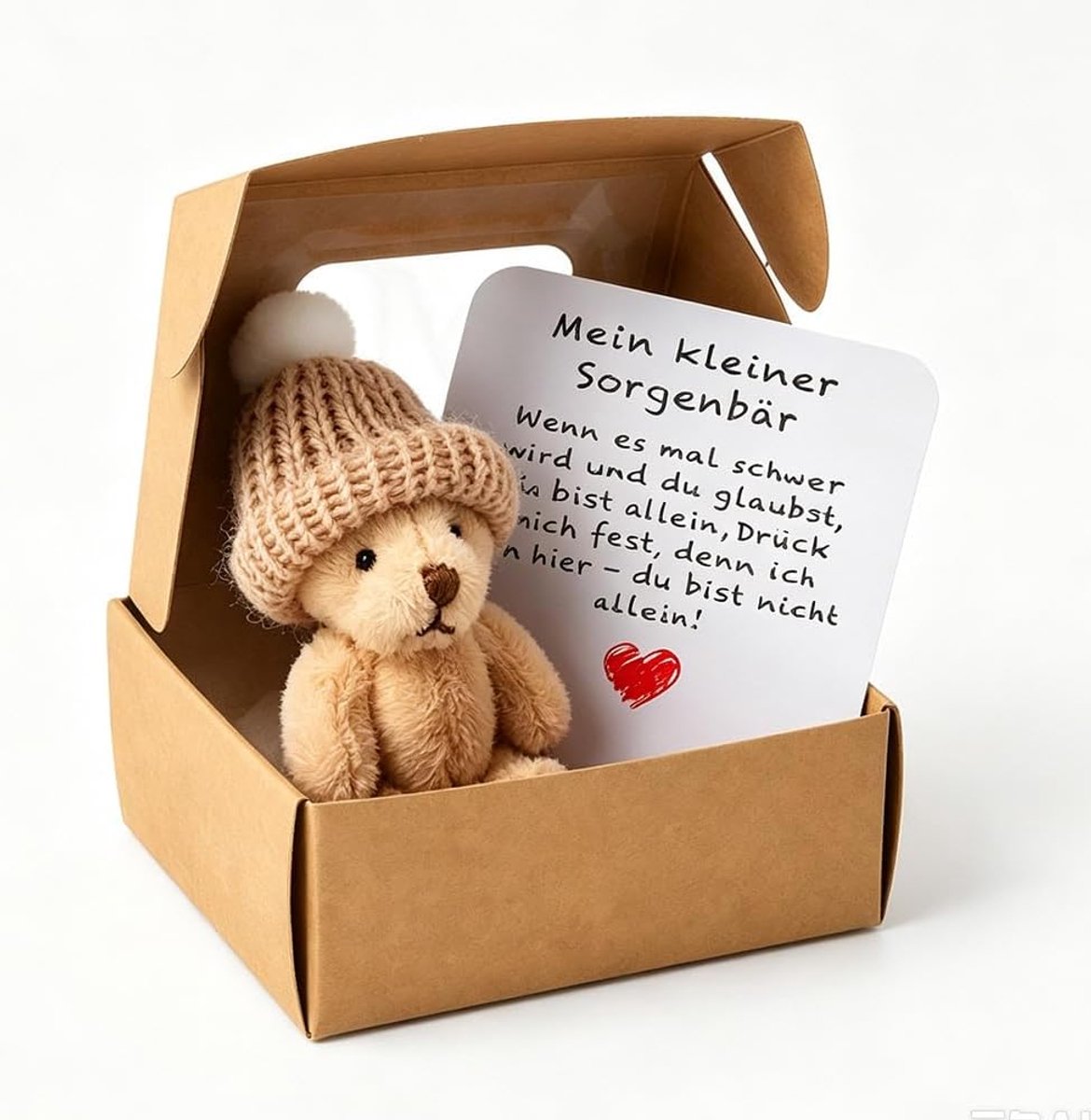 Kleine pocketknuffel, positieve mini-teddybeer in een doos met inspirerende kaart, mini-knuffeldieren, kleine teddypop, knuffeldieren, beer in een doos, voor verjaardag, kerstfeest, cadeau