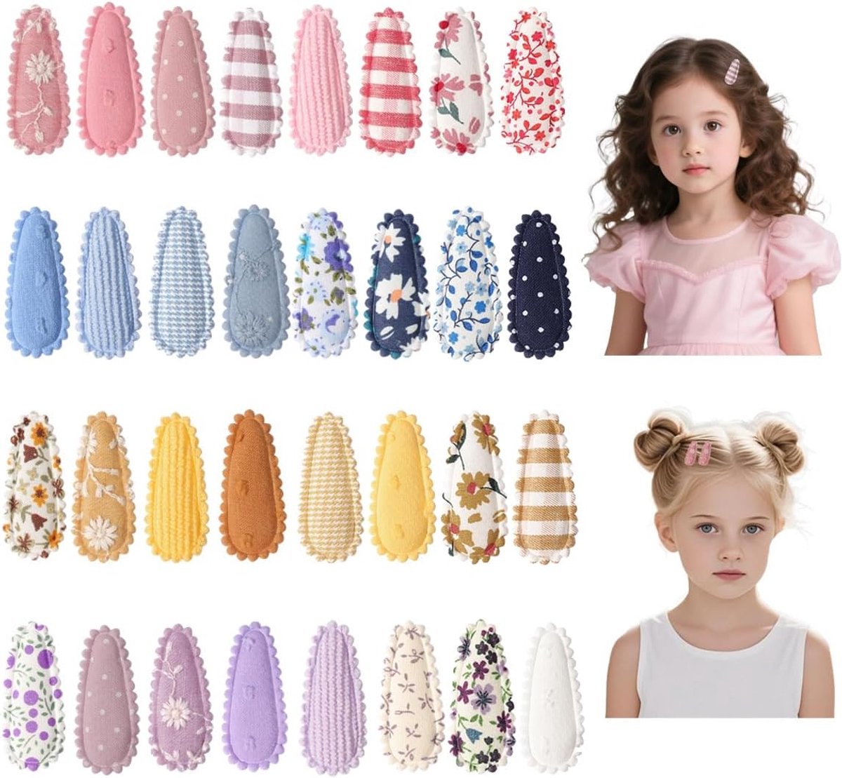 32 stuks haarklemmen voor peuters, mini stoffen bloemenhaarklemmen met steeksluiting, geruite stoffen clips voor fijn babyhaar, verschillende patronen voor meisjes en kinderen