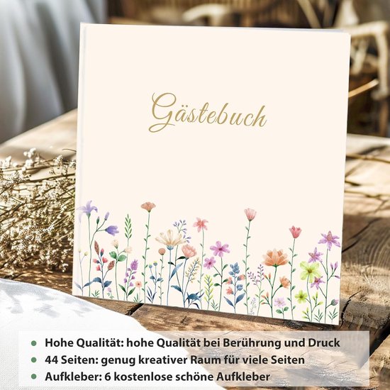 Gastenboek, blanco, met 40 mooie stickers en 44 dubbelzijdige pagina's, premium dik papier, afmeting 21 x 21 cm, gastenboek, hardcover, bruiloftsgastenboek voor bruiloften, verjaardagen — afbeelding 5