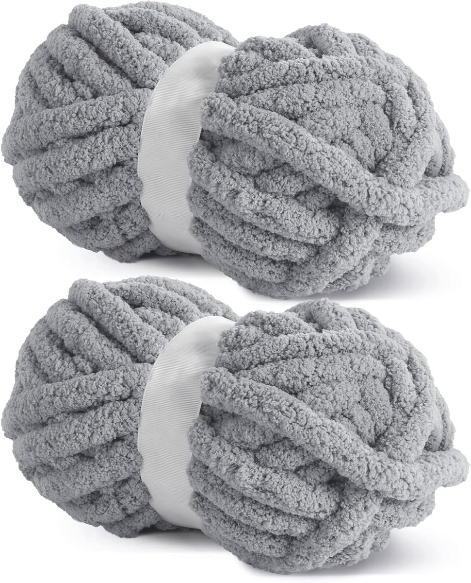 Lichtgrijs grof chenille-garen voor haken en breien, super omvangrijk jumbo-pakket (27 m, 8 oz per streng)