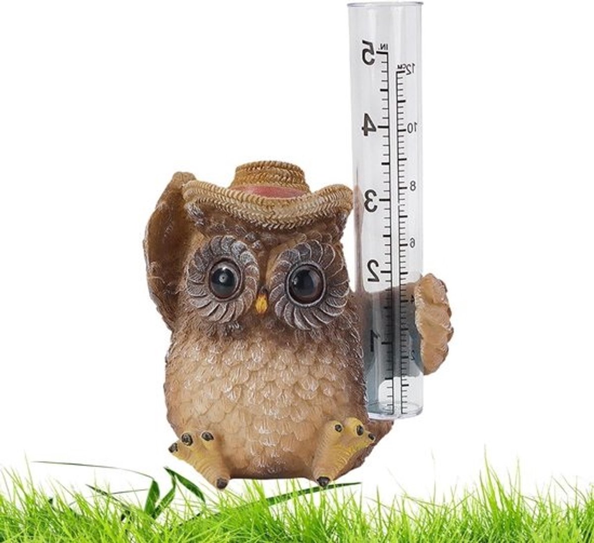 Regenmeter Uil - Tuindecoratie Vanger - Tuinbeheer Meten - Creatief Ontwerp - 16.5 x 11 cm - Bruin