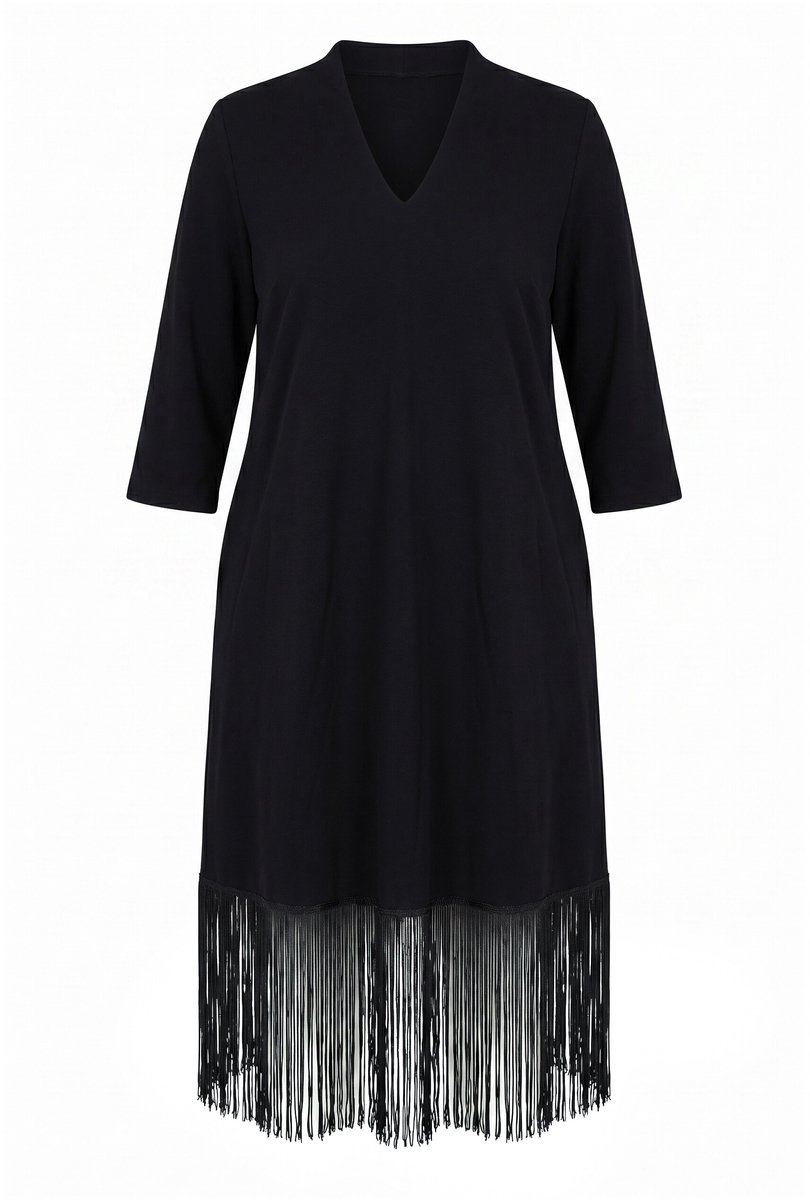 Ulla Popken - Dames - Punto midi-jurk goblet kraag 3/4-mouwen afneembare franjes - Zwart - Maat 46+