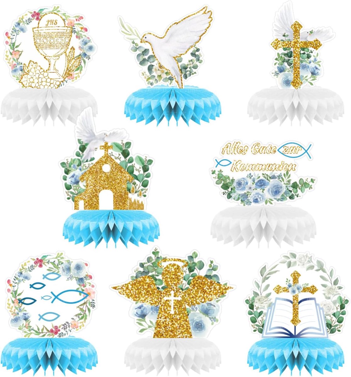 8 stuks doop decoraties eerste heilige communie honingraat centerpieces eucharistie God zegene tafeltopper doop kruis duif decoratie voor babyshower doop partij decor religieuze benodigdheden