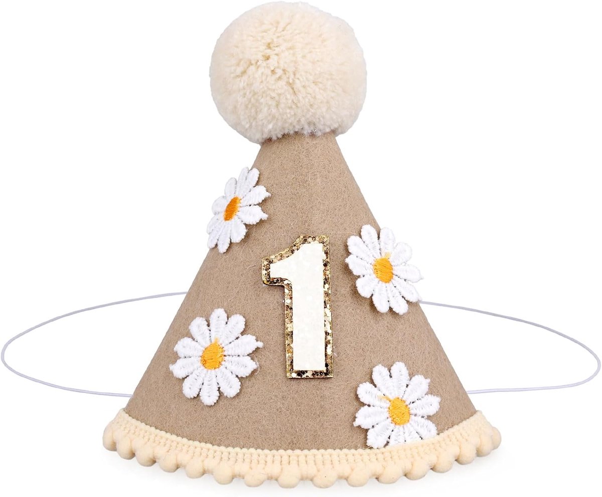 1e Verjaardag Hoed, Boho Verjaardagsfeestje Hoed met Madeliefje Bloem Decoratie Verstelbare Riem Gelukkige Verjaardag Kegelhoed Accessoires voor Eerste Verjaardag Foto Rekwisieten