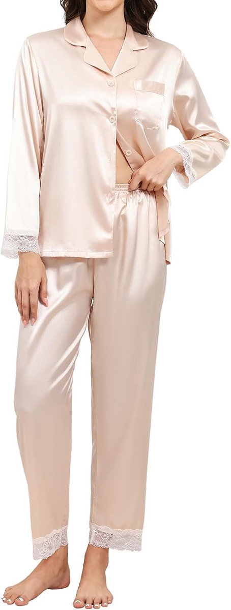 Damespyjamasets met lange mouwen, zijden pyjama's voor dames, sets van zacht satijn, button-down, pyjamasets, kanten loungewear voor alle seizoenen, S-XXL