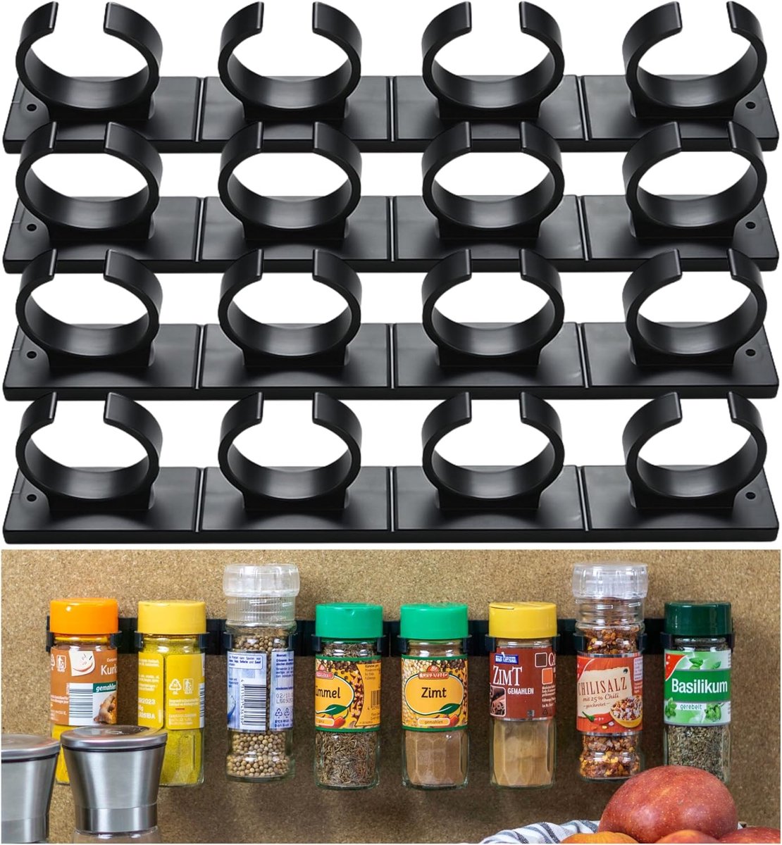 Kruidenrek Grijperclips voor 16 kruidenpotten, 4 x 4 zwarte stroken voor kruidenshakers met 3.3 – 4.5 cm diameter en 150 gram, Organiser voor kruiden, Montage in keuken- en wandtegels, spiceracks wall