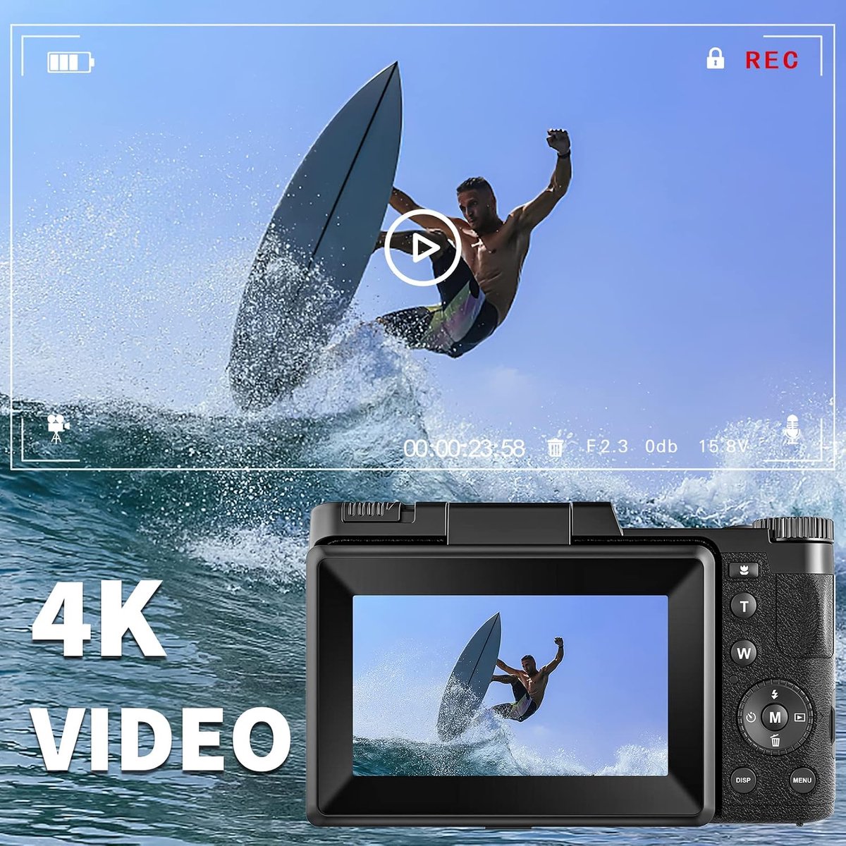 Camera 4K 48MP Vlogging Camera voor YouTube 16X Digitale Zoom met Macro Functie &Liftable Flash, Compacte Camera voor Fotografie 3 '' 180° Flip Scherm, 32 GB TF-kaart, 2 Batterijen thumbnail 2