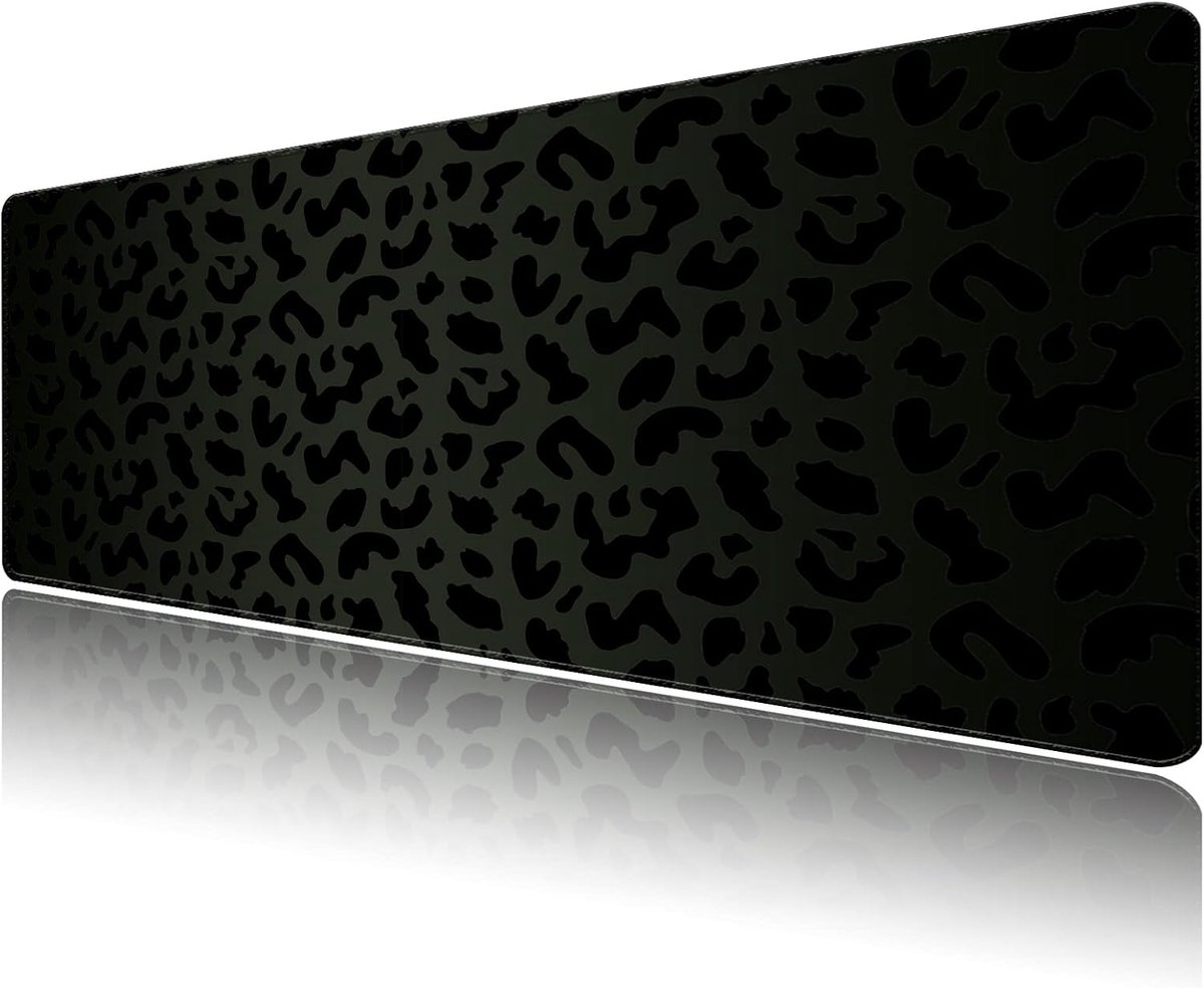 Gamingmuismat, bureauonderlegger met antislip basis en gestikte randen voor gamer thuiskantoor, verlengde laptop gaming muismat, bureauonderlegger, 31,5 x 15,7 cm, zwarte luipaardprint
