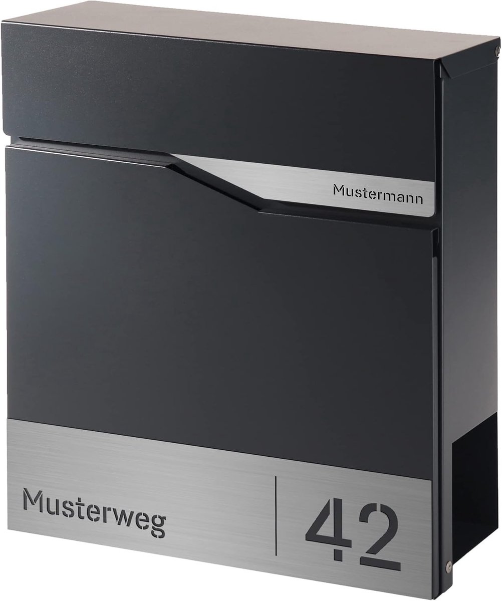 Briefkasten Antraciet met krantenvak (RAL 7016), gepersonaliseerd, moderne postbus van zinkstaal met familienaam, straat & huisnummer incl. montageset, TRELLEBORG