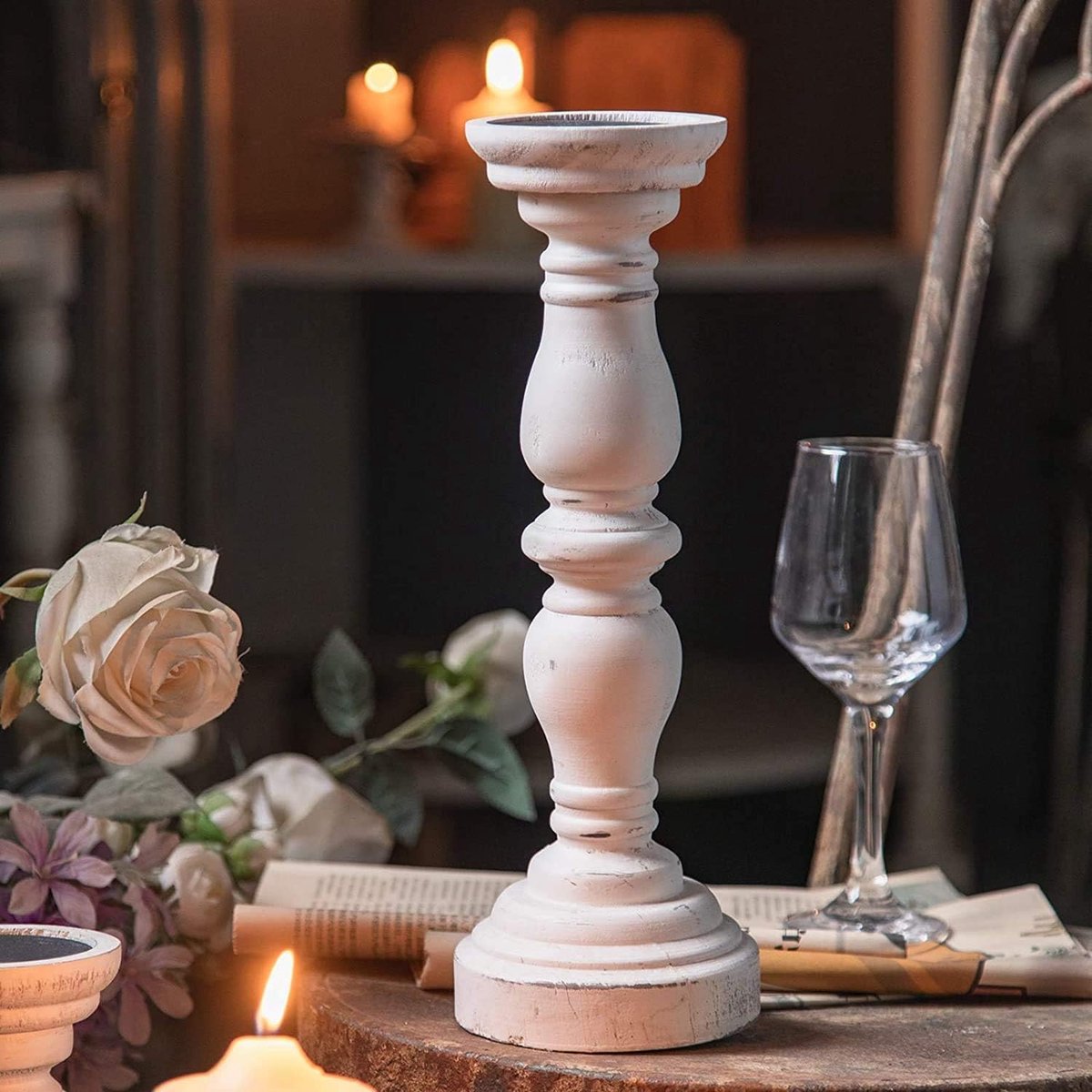 Kandelaar van hout, rustiek, wit, 34,5 cm hoog, antiek wit, vintage kaarsenhouder voor bruiloft, tafelstuk, kerstdecoratie