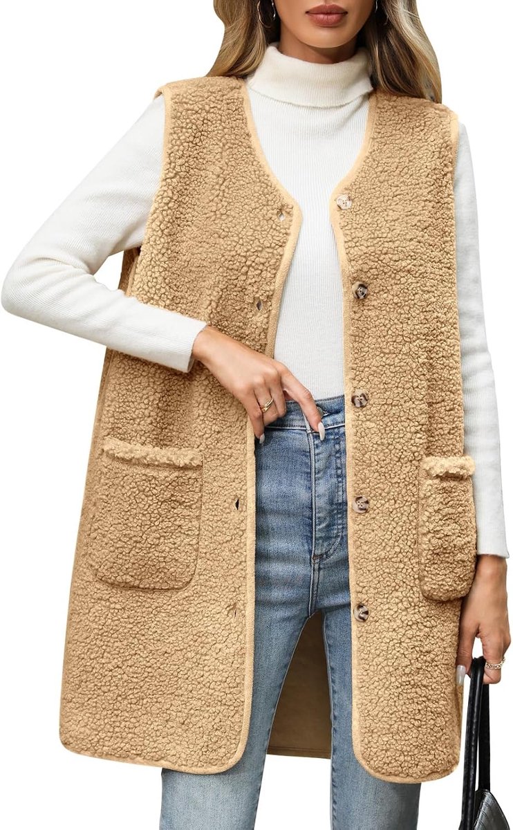fleece vest dames lang fleece vest herfst winter damesvest warm mouwloos vest V-hals bontvest licht casual pluche vest knopen teddyjas met zakken