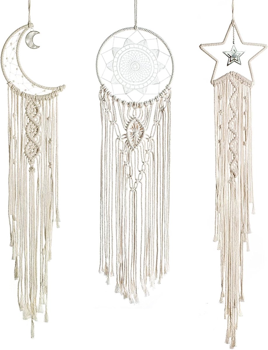 3 Stuks Dromenvanger Zon & Maan & Ster Macramé Boho Geweven Bohemien Chic Art Decor voor Thuis Meisjes Slaapkamer Appartement Decoratie Ornament Craft Gift