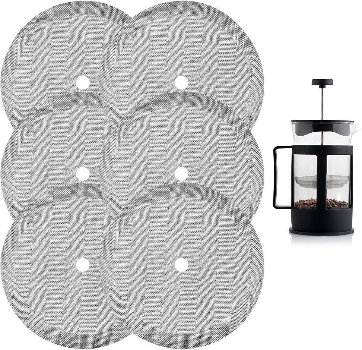 Press zeef voor koffiepers, zeef 10 cm, filter reserveaccessoires, roestvrijstalen vervangingsfilterzeef, roestvrij staal, vervangende koffiepers, 6 stuks