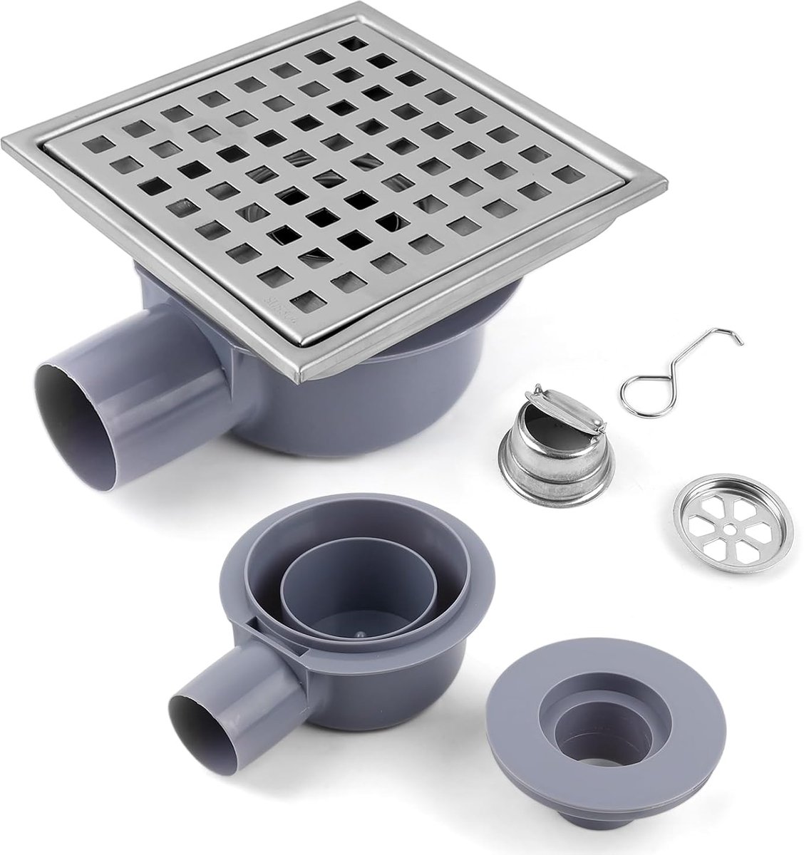 Dailygoods- Doucheafvoer Roestvrij Staal 15x15 cm - Douchegoot - Afvoerputje Buiten - Afvoerputje Douche - Doucheafvoerkap Haarvanger - 360° Sifon