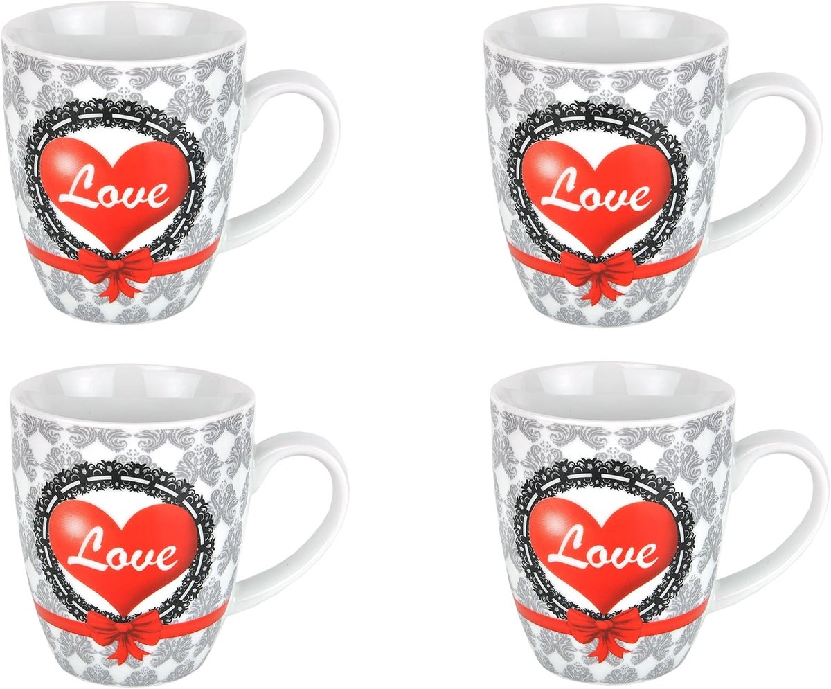 Well Set van 4 koffiebekers hart, 350 ml, hartmotief en barokke elementen, cadeau-idee, zwart-grijs-rood