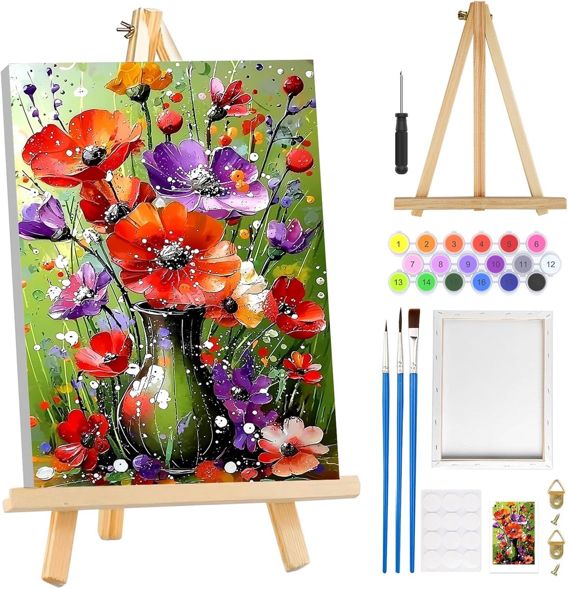 Dailygoods- Schilderkit voor Beginners - Verf op Nummer - Voorbedrukt Canvas - Houten Ezel - 3 Penselen - Acrylverf Set