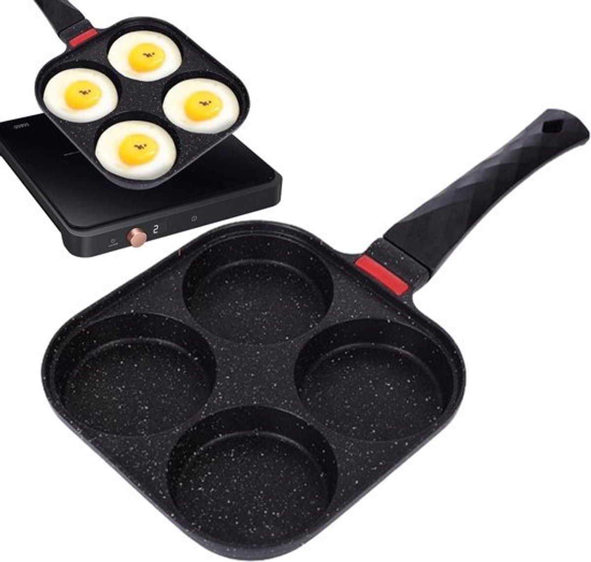 Pannenkoekenpan - Eierpan - Ontbijt Maken - Vier Vormen - 19x2.5x37cm - Zwart
