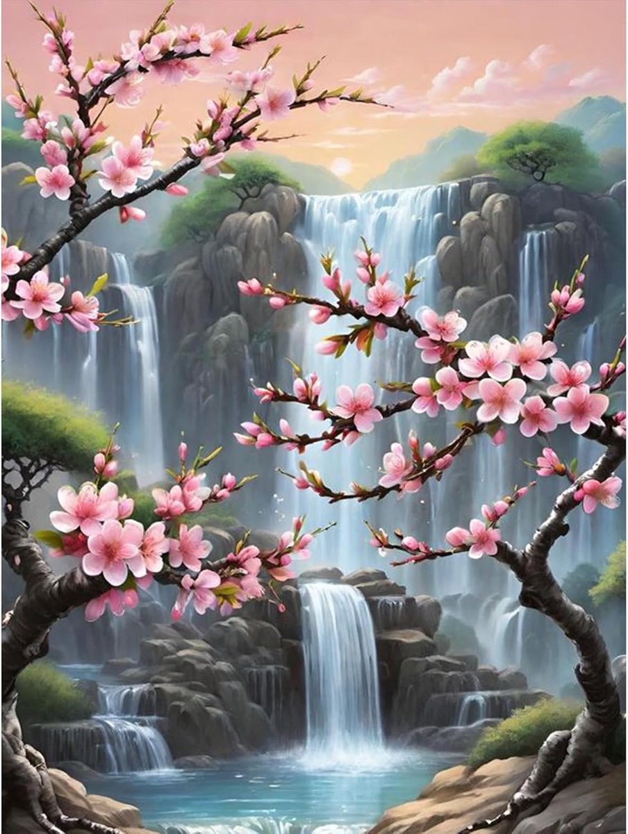 5D DIY Diamond Painting complete set, waterval en bloemen, rond, diamantkunstset voor volwassenen en beginners, borduurwerk, kruissteek, schilderen, woondecoratie, 30 x 40 cm